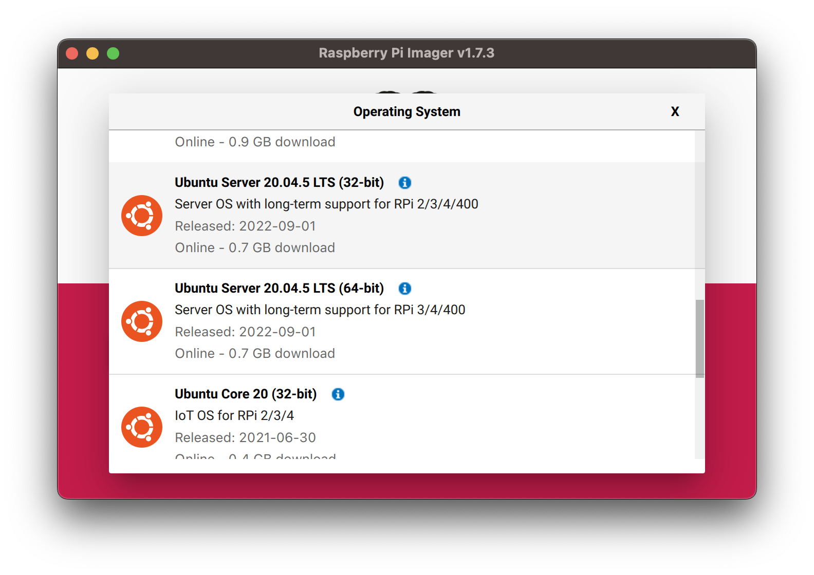 A window showing Raspberry Pi Imager program with the Operating System selection active and Ubuntu Server 20.04.05 LTS (32-bit) selected.